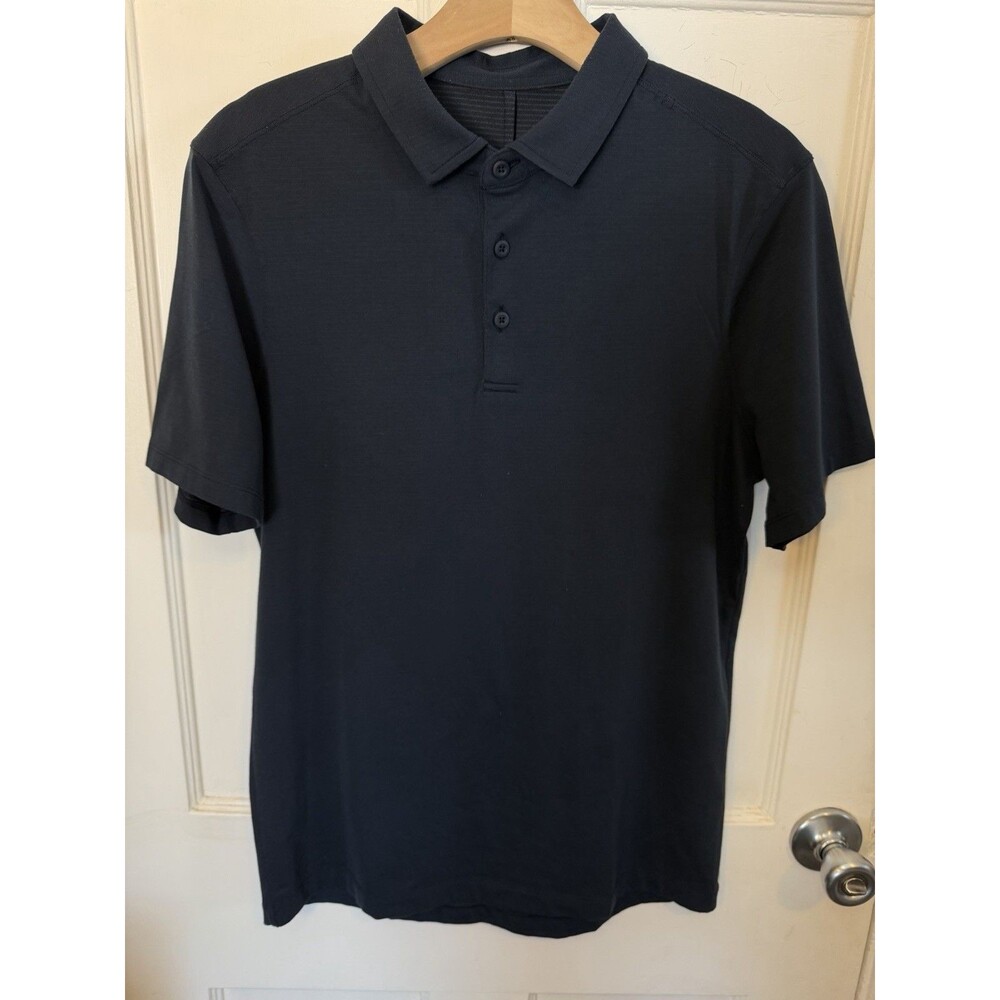 Lululemon Short Sleeve Polo Shirt Mens M Navy Blue Stretch Soft Work Comfort
